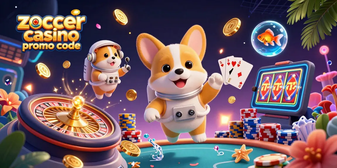 Zoccer Casino Promo Code nutzen, während ein 3D-Cartoon-Corgi im Weltraumcasino schwebt und Pokerchips und Goldmünzen driftet.