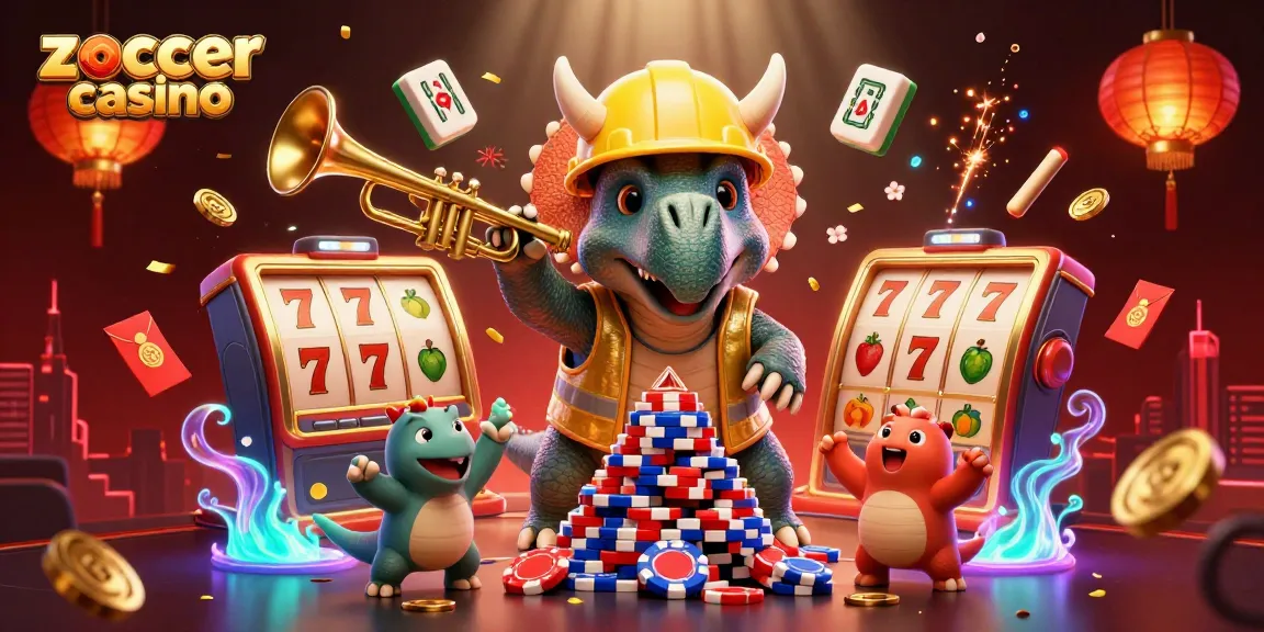 Zoccer casino celebrates with a triceratops and friends in a vibrant casino scene showcasing dynamic gaming elements.