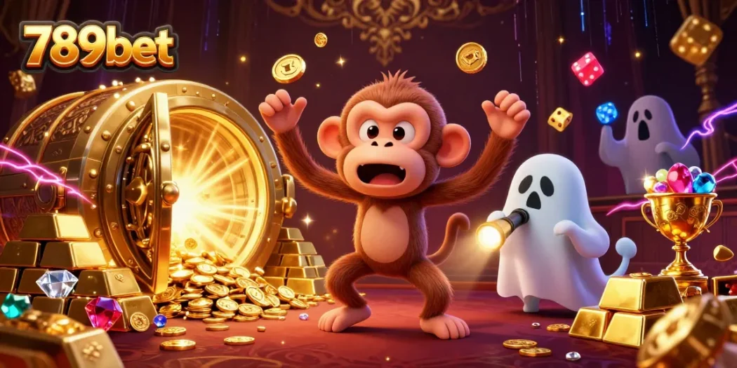 Engage with 789bet's thrilling haunted casino, showcasing a poltergeist monkey and ghost-hunter puppy.