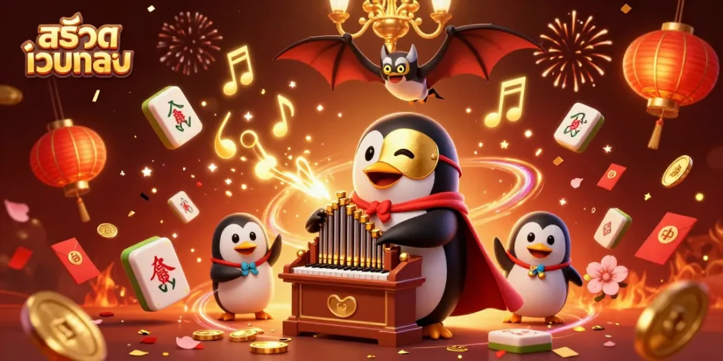 Experience the thrill of สล็อตเว็บตรง with a vibrant 3D casino illustration featuring a penguin organist.
